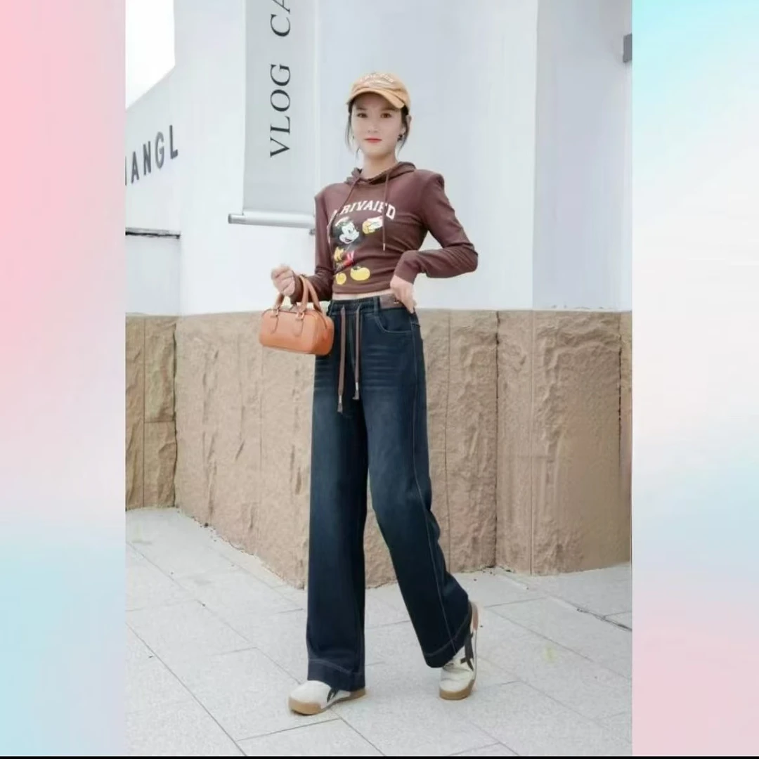 春秋季时尚洋气软牛仔裤高腰窄版直筒裤休闲裤女款