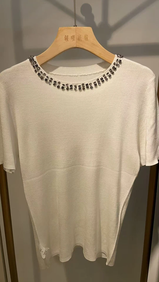 夏季毛针织衫2025年夏季针织衫超细毛衣短袖气质圆领钉珠春季百搭