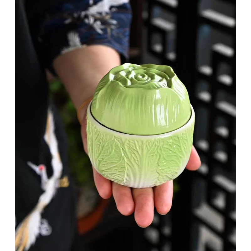 陶瓷白菜茶叶罐防潮简约茶具密封收纳罐便携茶盒摆件