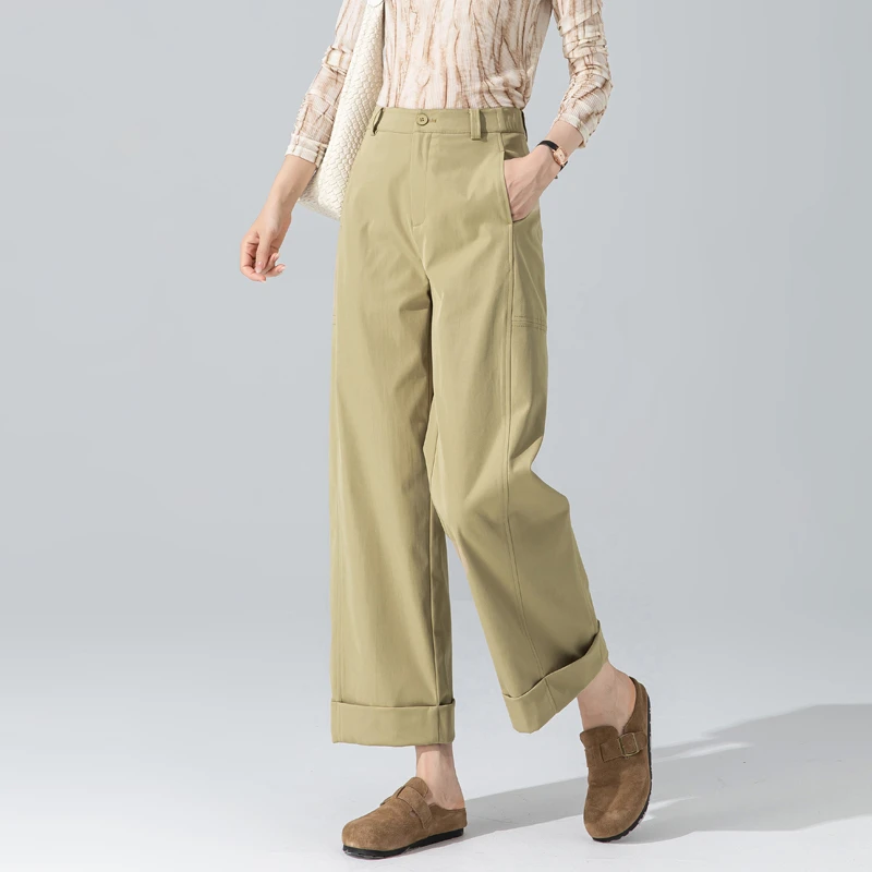 卡其色手温熨烫抗皱裤子女秋季2025年新款直筒九分裤舒柔特阔腿裤