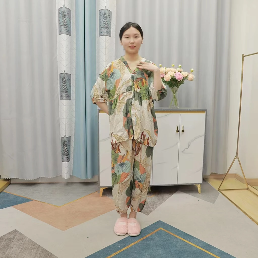 六荷八分袖薄款常规款夏季植物花卉睡衣国风印花中式上衣九分裤