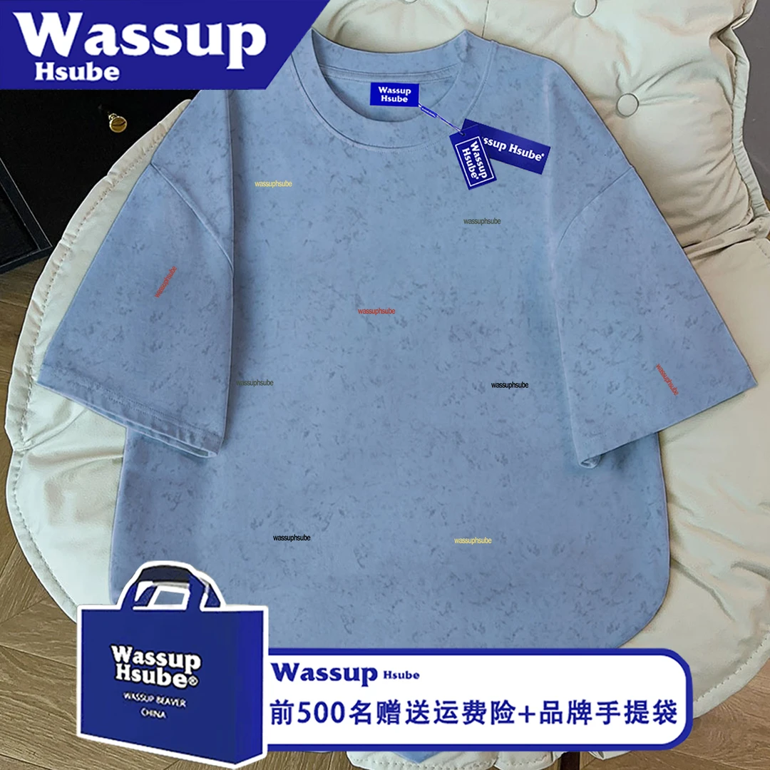 WASSUP HSUBE美式设计感字母印花蜡染短袖T恤男女纯棉情侣半袖tee
