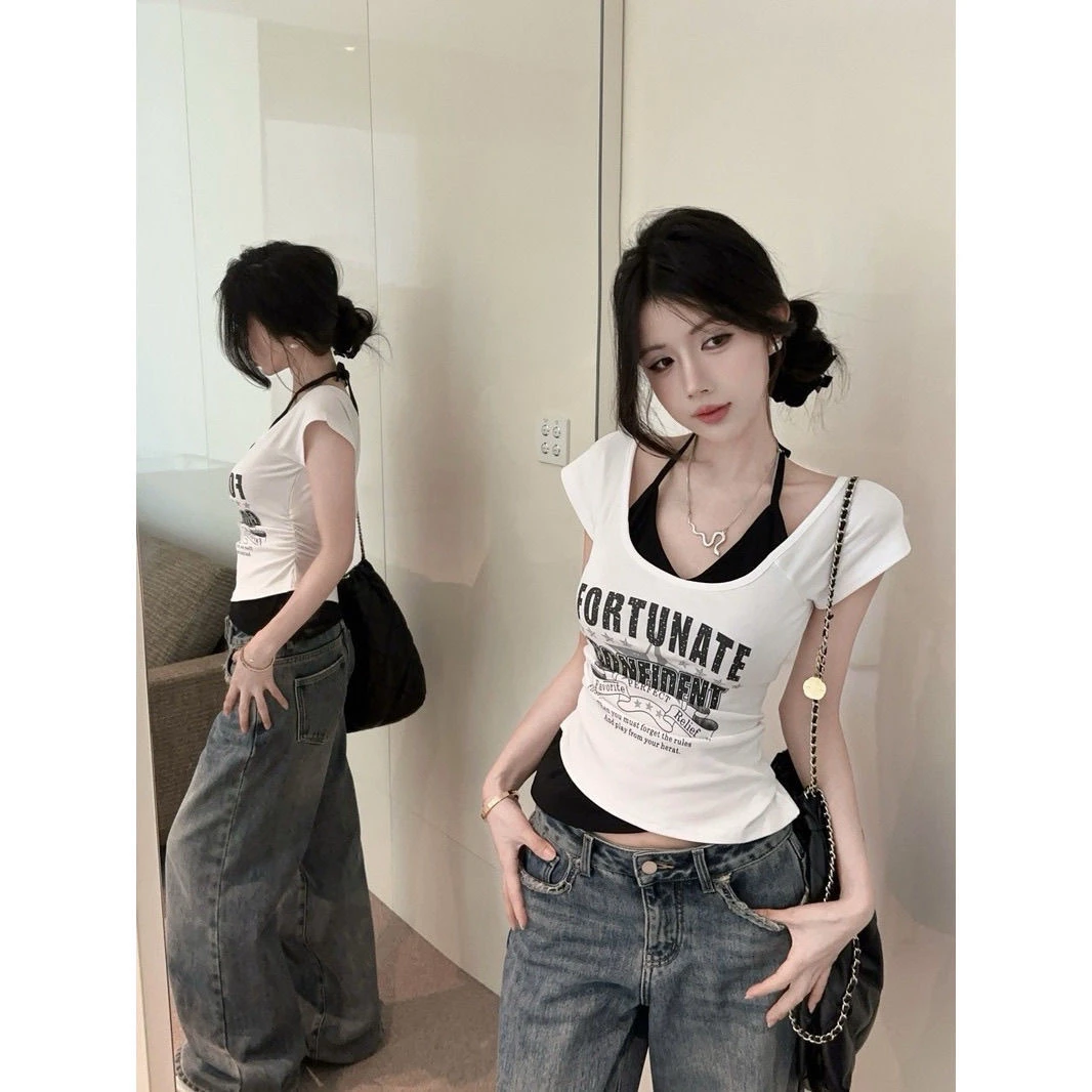 2025夏季新款小心机挂脖背心假两件休闲短款百搭甜美T恤上衣女潮