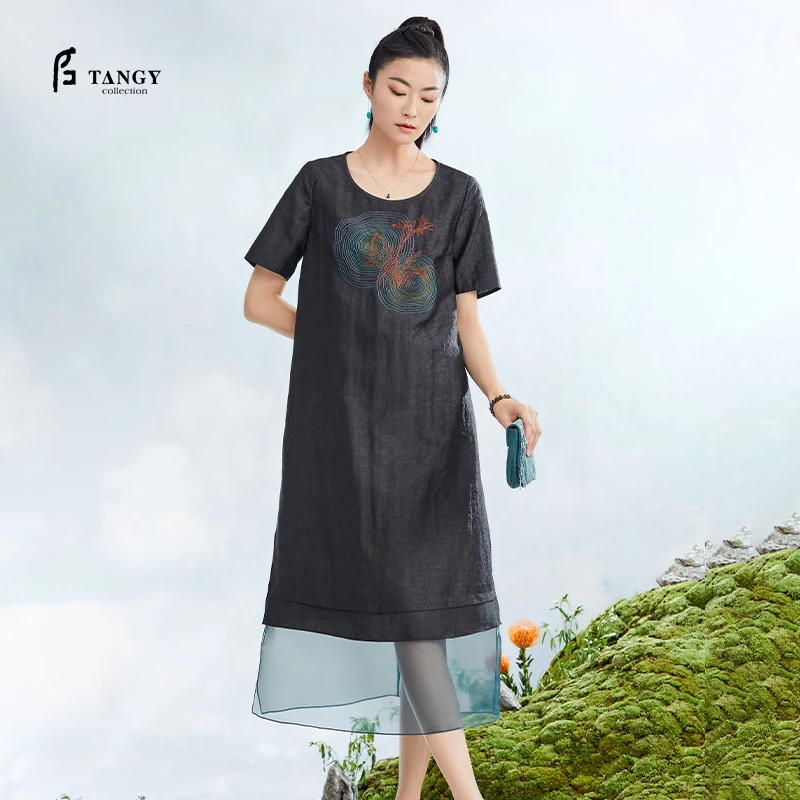 TANGY Collection天意高定夏季宽松圆领时尚莨绸连衣裙L222828