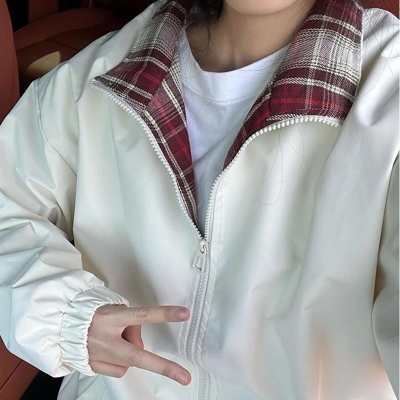 格子拼接夹克男春秋季少年感学生情侣装上衣美式休闲外套