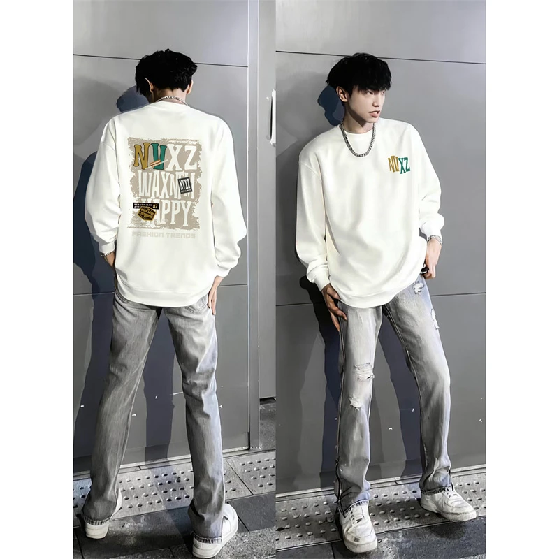 港风街头字母印花长袖T恤男秋冬宽松百搭oversize打底衫重磅上衣