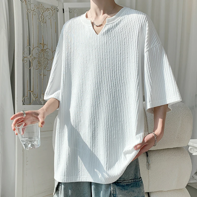 肌理感V领短袖t恤男2025夏季新款痞帅衣服宽松潮流百搭半袖体恤