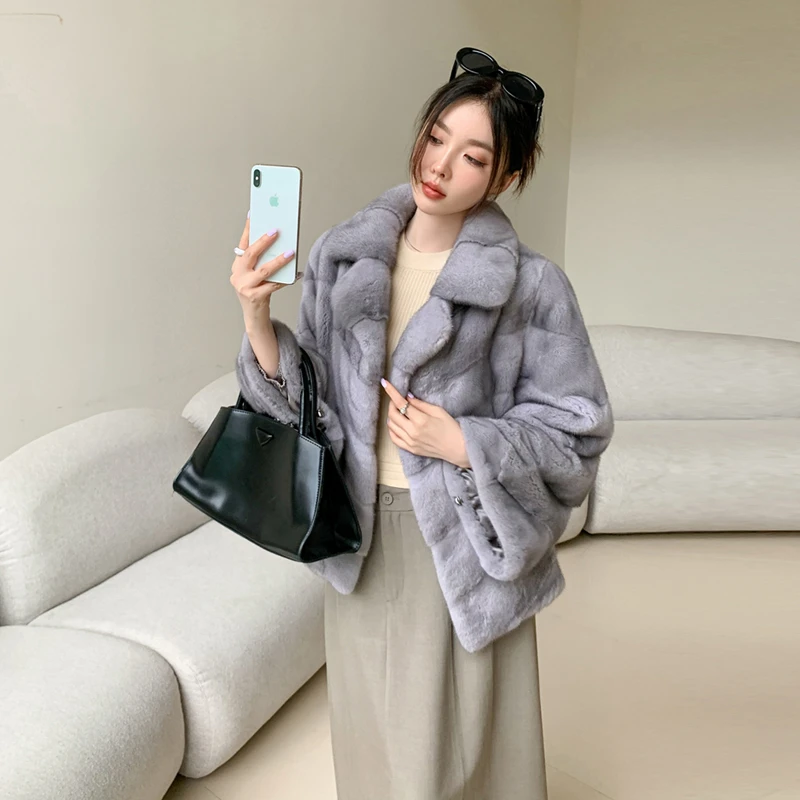 进口紫标天鹅绒水貂皮草外套短款貂皮大衣年轻款西装领ZD200Y024