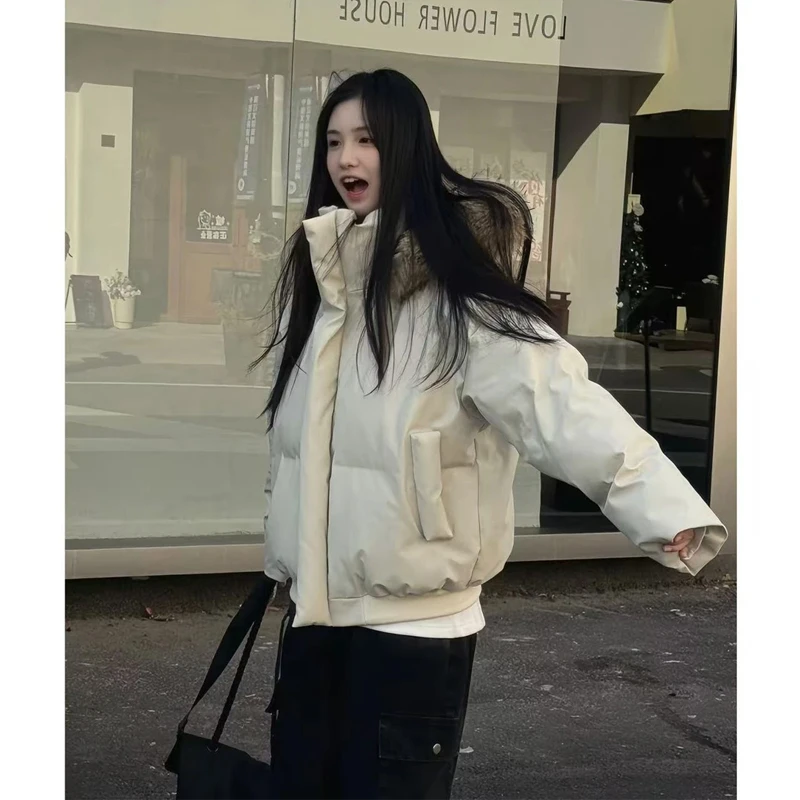 可拆卸毛领pu皮连帽棉服棉衣外套男冬季美式潮牌面包服情侣棉袄子