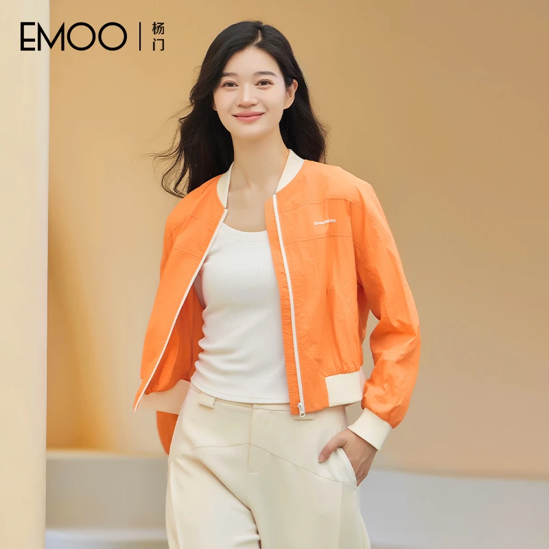 EMOO/杨门罗纹领短外套女长袖拉链开衫2025春季上衣E14W163276