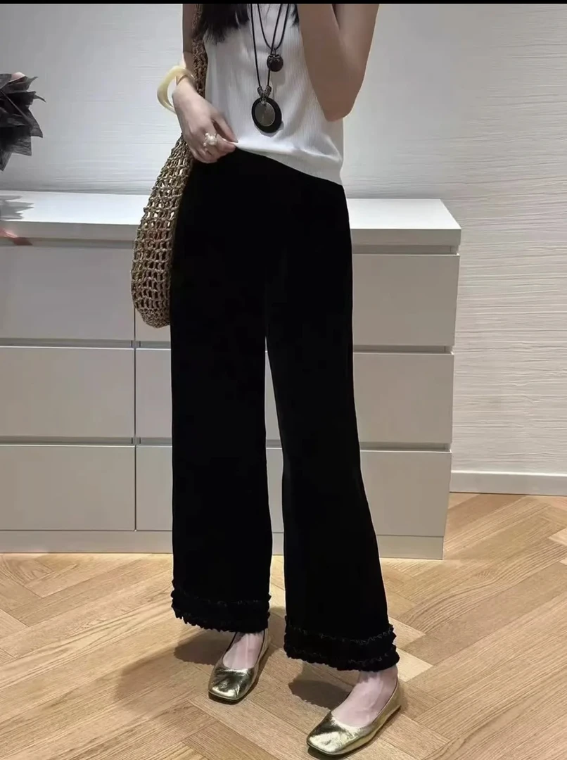 韩版薄款木耳休闲喇叭时尚黑色阔腿裤中高腰松紧轻奢时尚丝绒裤