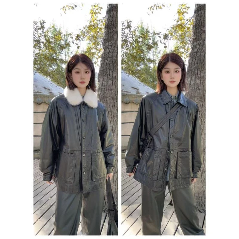 【可拆卸】新款牛皮水貂毛领宽松韩版皮外套网红洋气时尚女士【2469】
