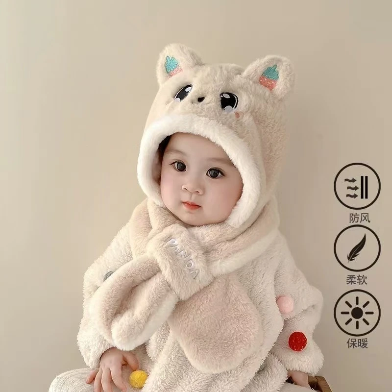 宝宝帽子秋冬款毛绒帽儿童围巾一体帽可爱超萌冬季加厚保暖护耳帽