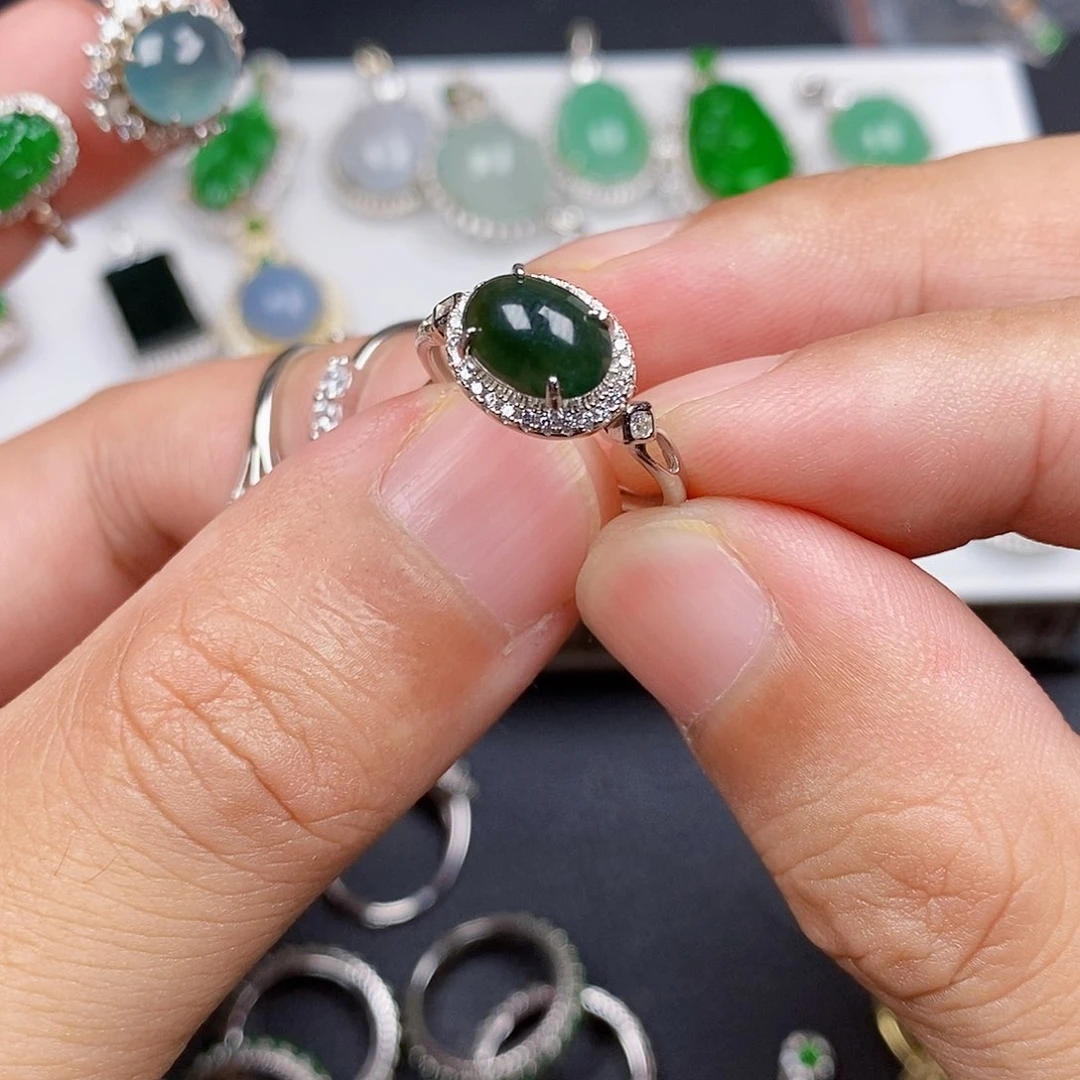 银S925镶嵌戒指翡翠圆*?戒指