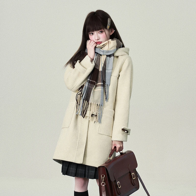 花铃太太jk学院风牛角扣大衣女款秋冬小个子甜妹连帽毛呢外套长款