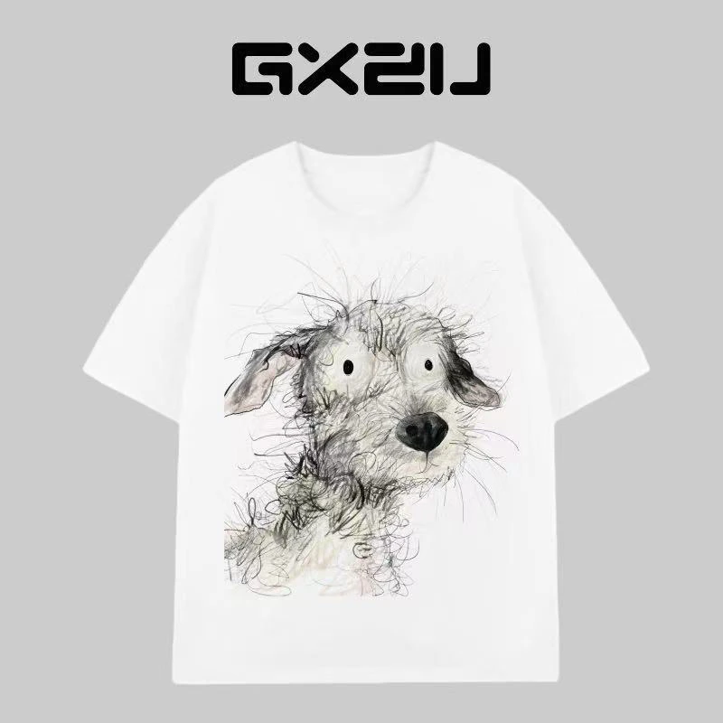 【潦草狗】男女款260g高克重纯棉打底衫T恤印花半袖潮流情侣短袖