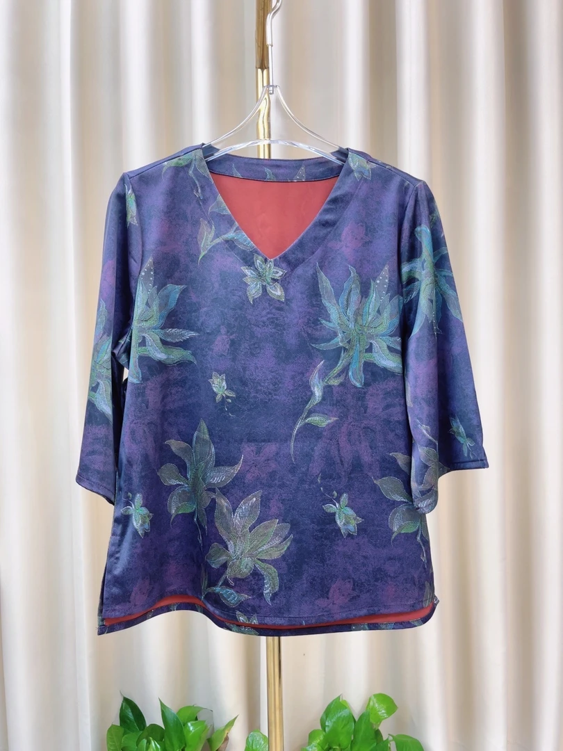 新中式香云 纱上衣女装七分袖t恤v领衬衫夏季新款国风小衫
