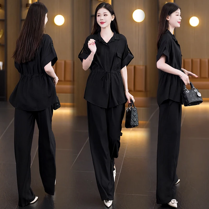 时尚抽绳褶皱新款大码宽松套装夏季2025高级感胖MM减龄休闲两件套