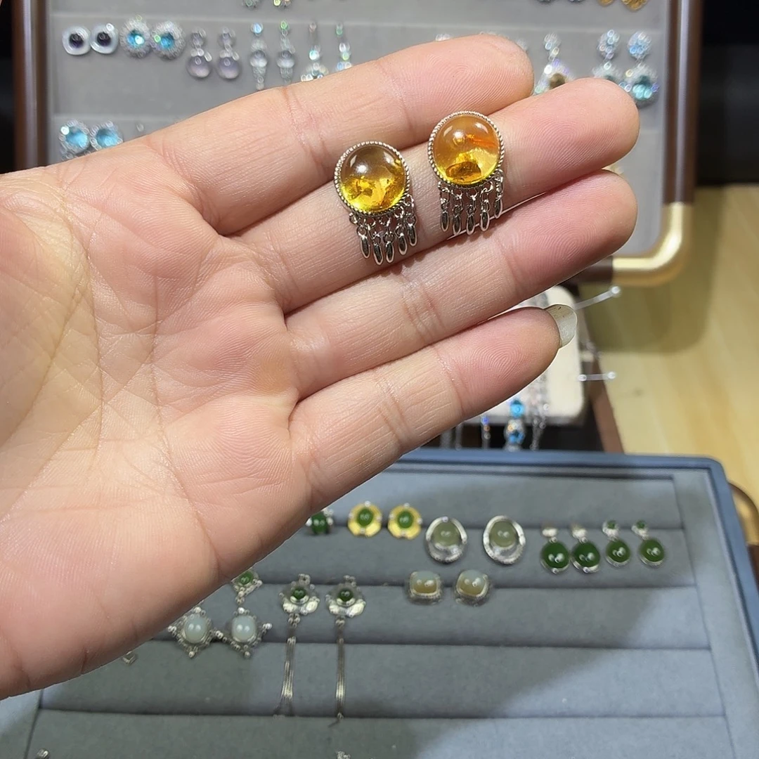 琥珀银S925镶嵌耳饰