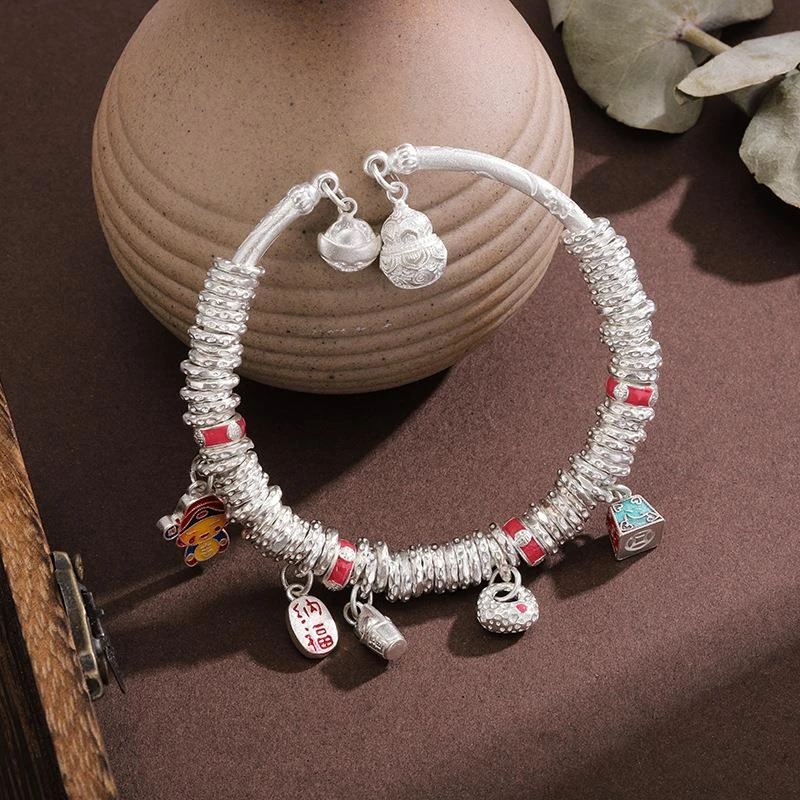 铜合金珐琅手镯 古法手镯小财神盘缠多宝手镯福禄宫铃盘缠手镯新