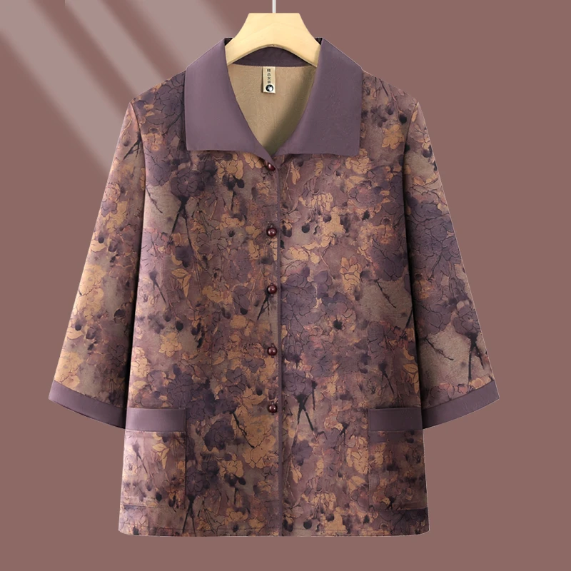 中老年人2025新款洋气七分袖衬衫老太太衣服奶奶装翻领衬衣妈妈女