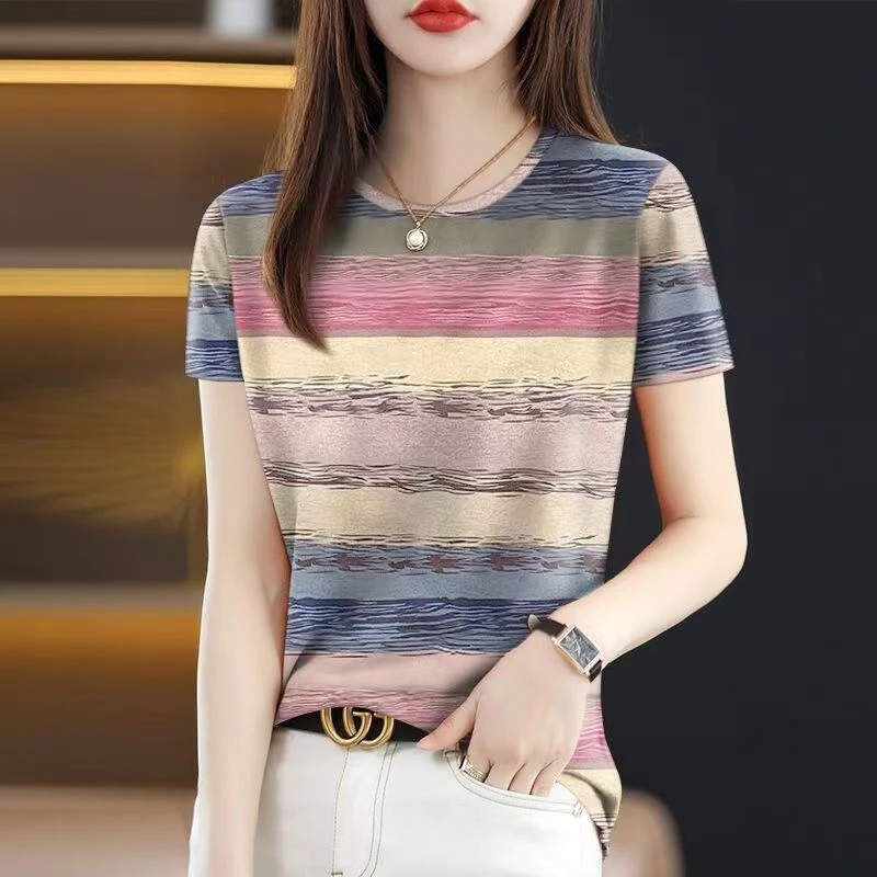 2025年新款妈妈夏天短袖女士T恤洋气夏季冰丝妈妈短袖百搭减龄T恤