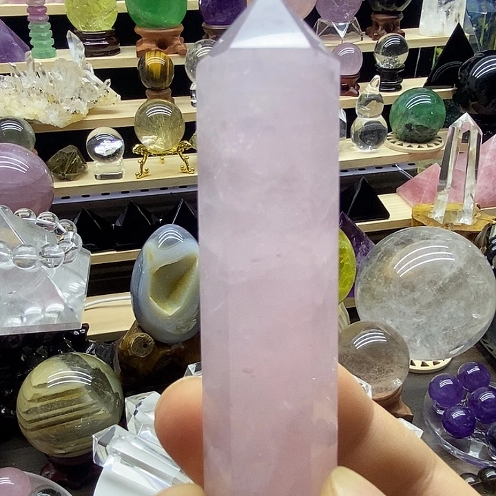 石材天然粉水晶柱摆件