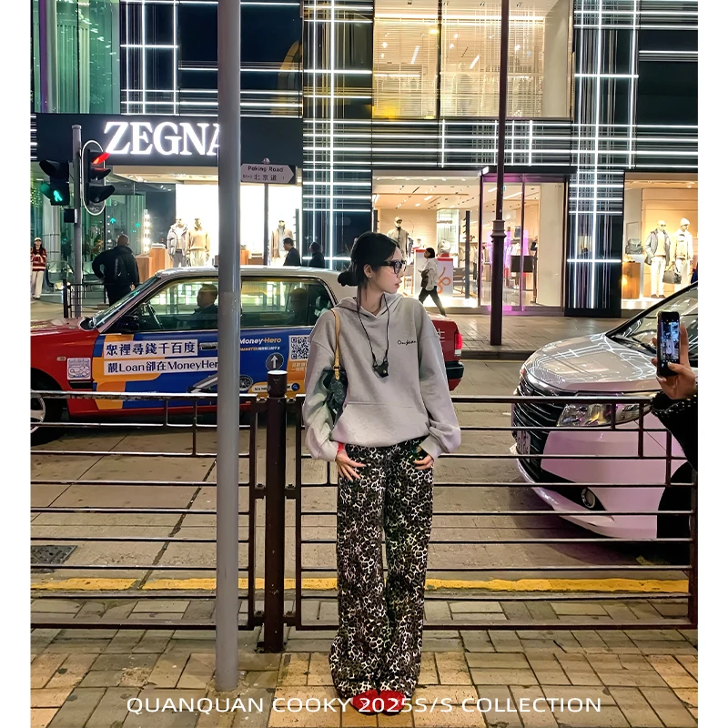 圈圈cooky   时尚缪斯复古豹纹阔腿街头牛仔裤L0694K