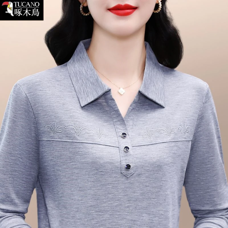 啄木鸟中年减龄气质POLO领纯色上衣女新款春秋长袖通勤刺绣T恤ins