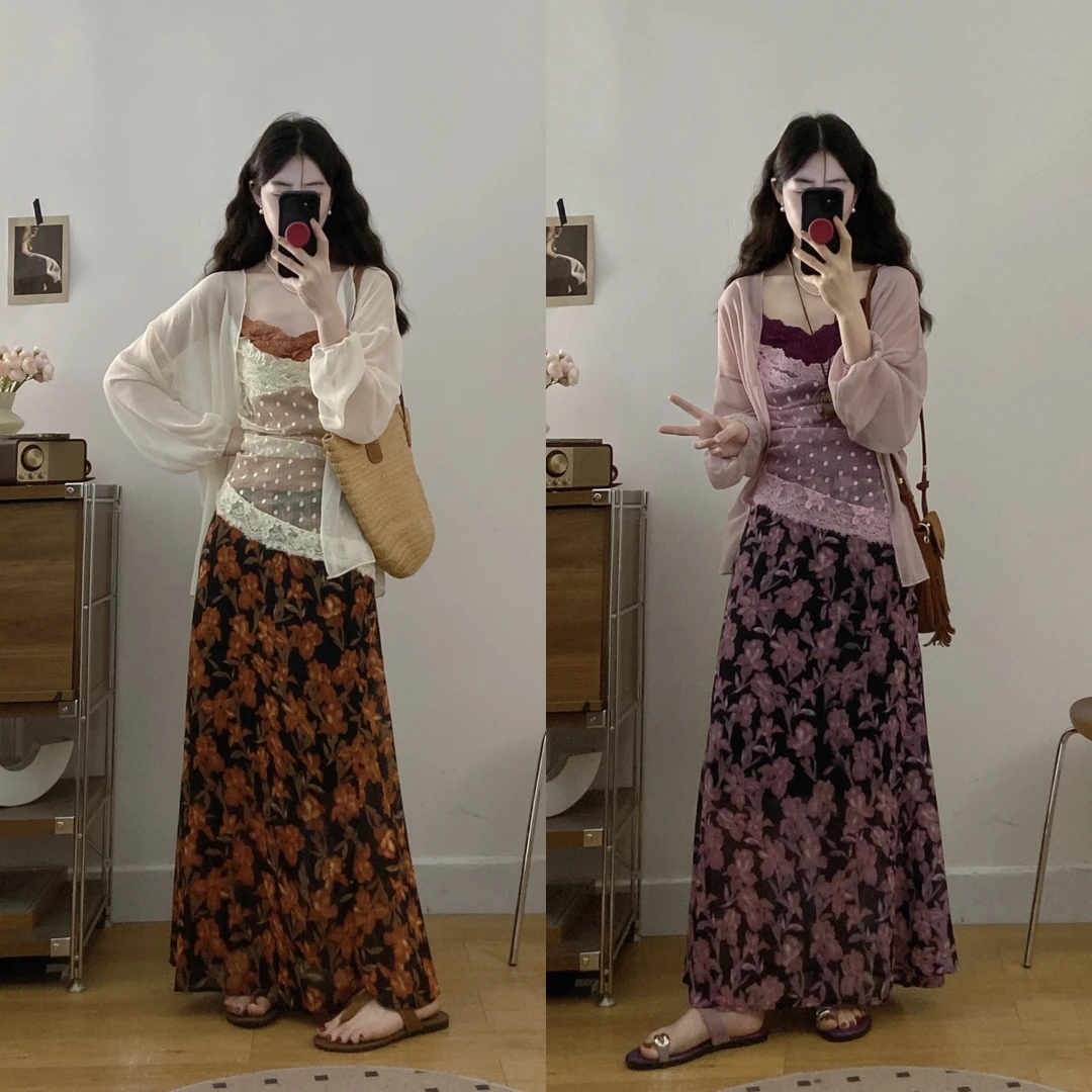 大码波点蕾丝花边小吊带背心夏季无袖外穿假两件上衣三件套装