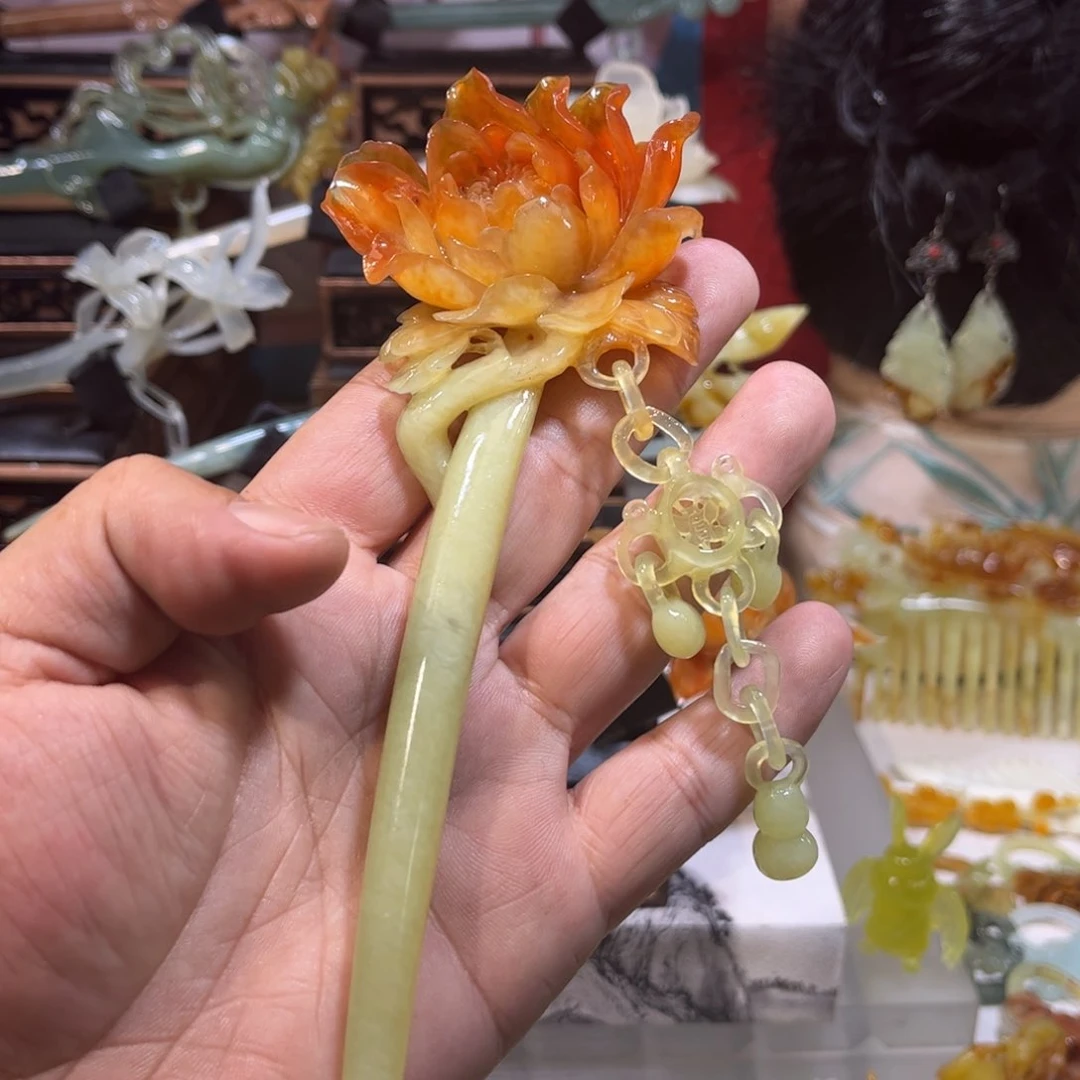 蛇纹石玉发簪合金霖*