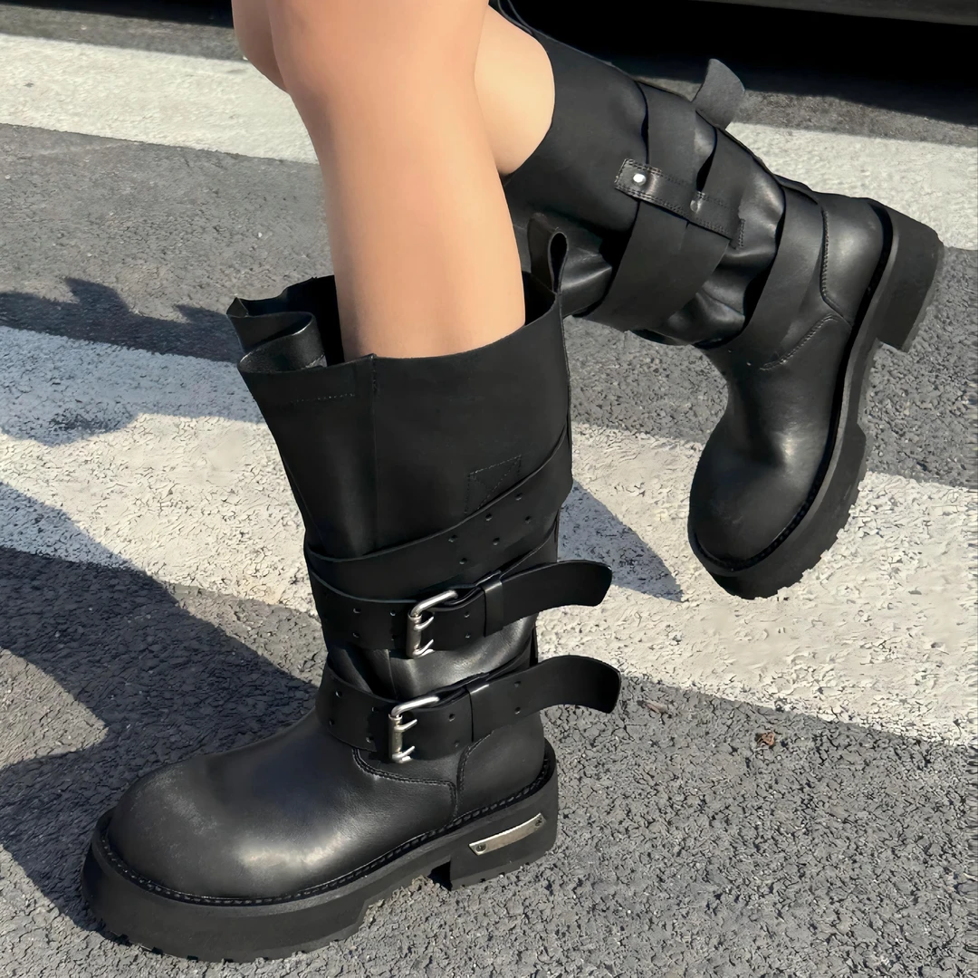 巴黎毒液靴擦色做旧复古机车靴真皮厚底增高大头工装马丁靴英伦风