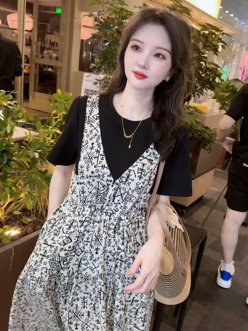 【亦然独家款】连衣裙女2025年夏季新款蕾丝数码印花假两件连衣裙