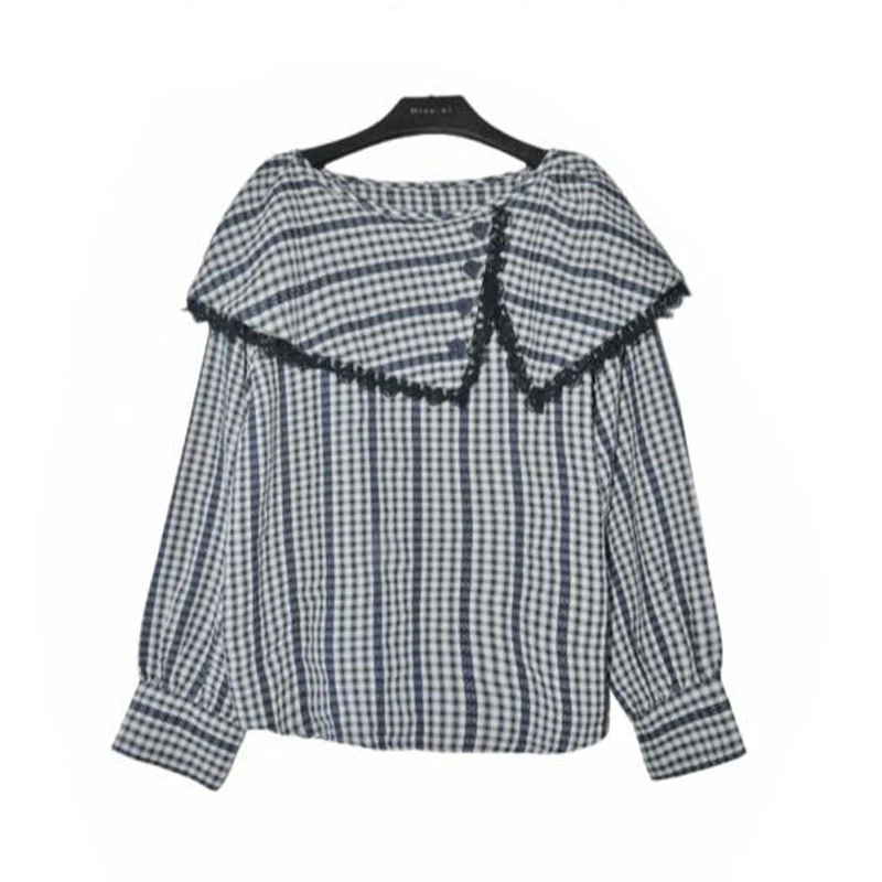 大码女装复古格纹长袖衬衫春季设计感显示遮肉小众别致一字领上衣