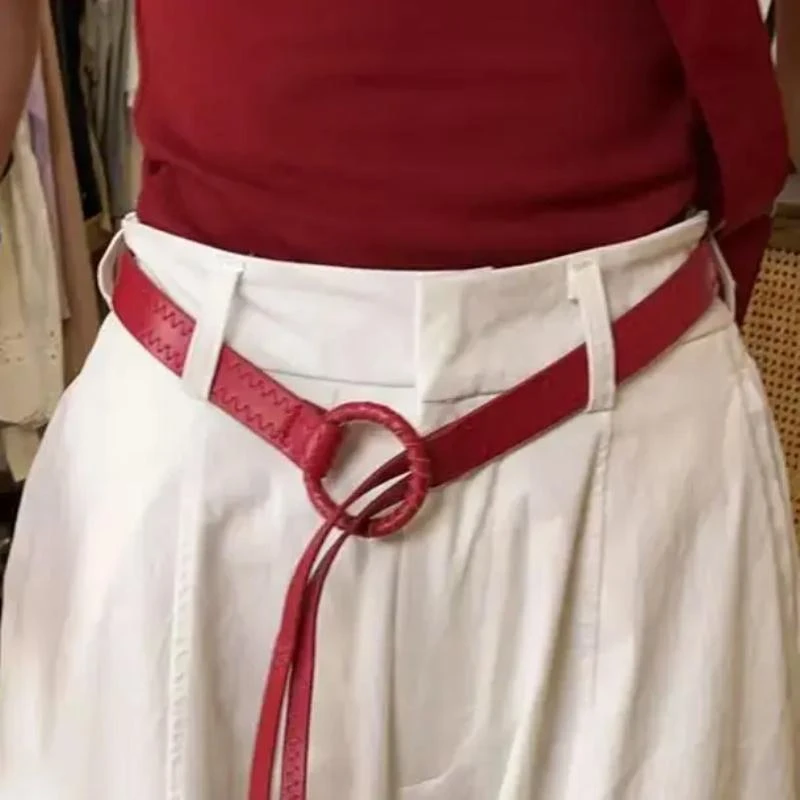 红色美式复古千禧辣妹压线纹路腰带简约休闲百搭款式皮带潮流时尚