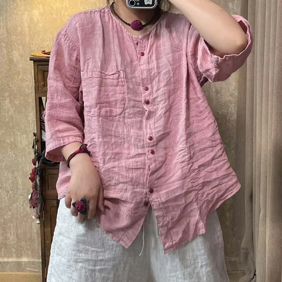 爱麻 夏季轻薄亚麻圆领纯色纽扣休闲开衫