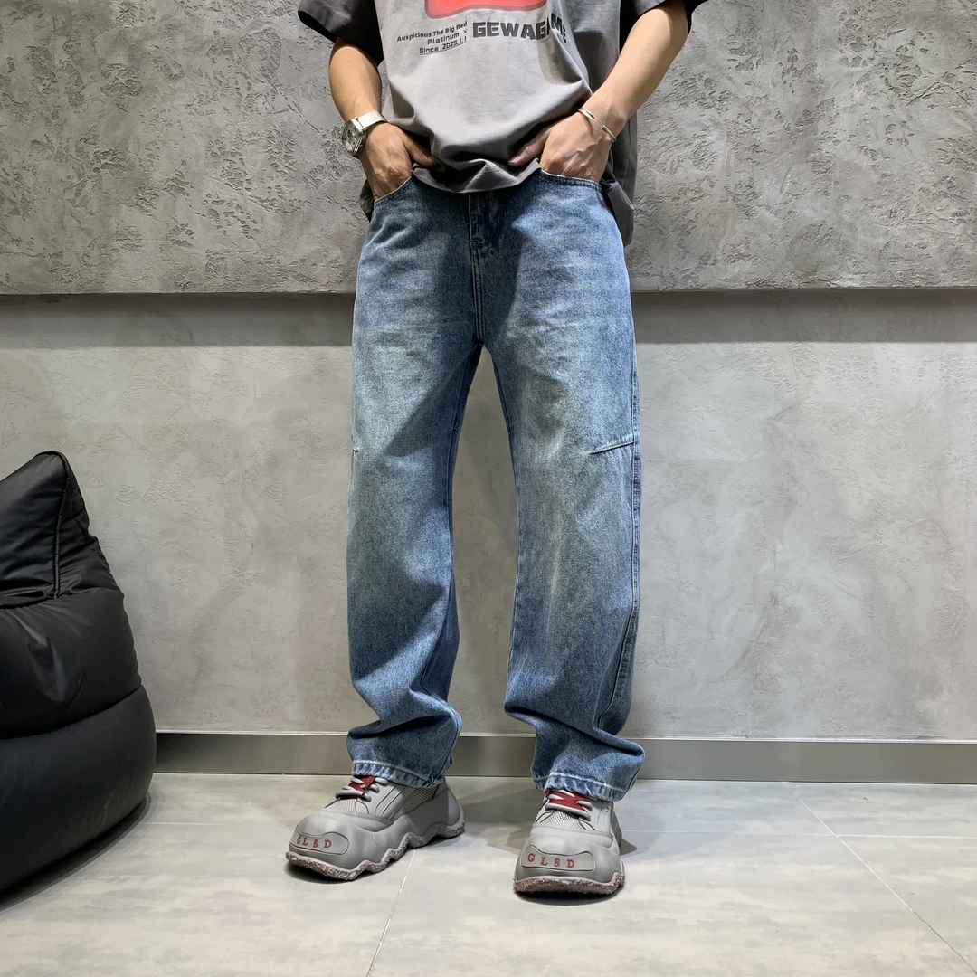 秋季新款男士小直筒牛仔裤弯刀裤水洗简约百搭高级感轻奢痞帅裤子