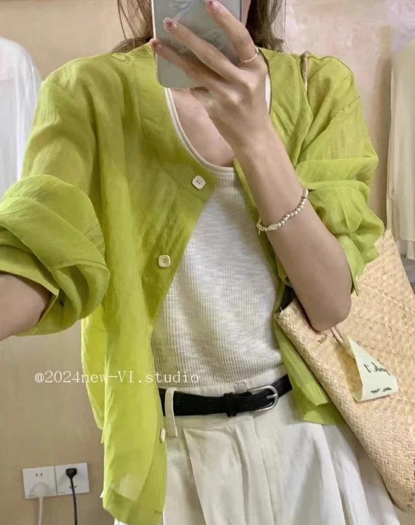 夏季立领轻薄长袖衬衫防晒短外套吊带两件套女时尚宽松上衣套装