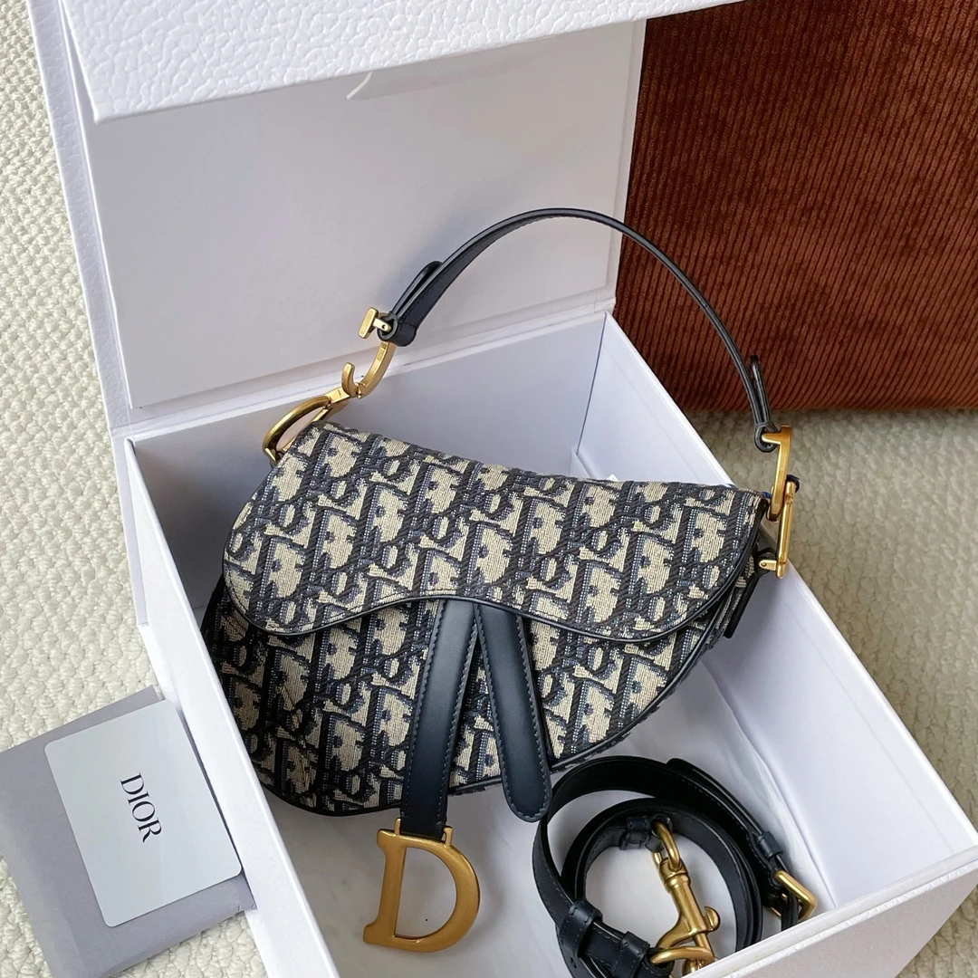 99新 DIOR/迪奥 老花小号马鞍包双肩带盒子JM13-1087