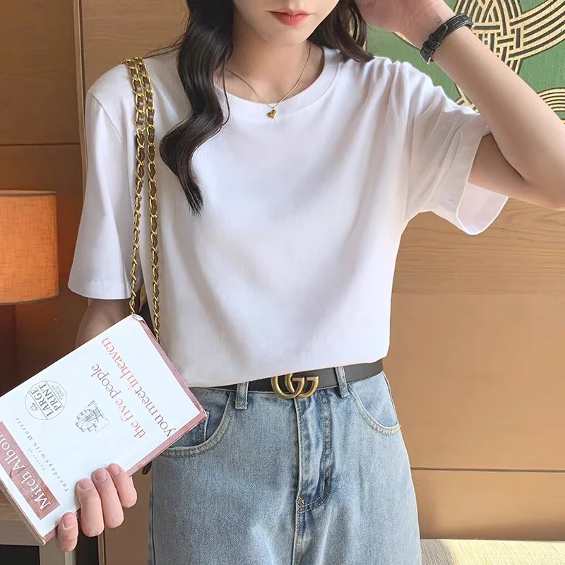 正肩纯棉t恤今年流行的女装搭配2025夏新款纯色圆领短袖修身上衣