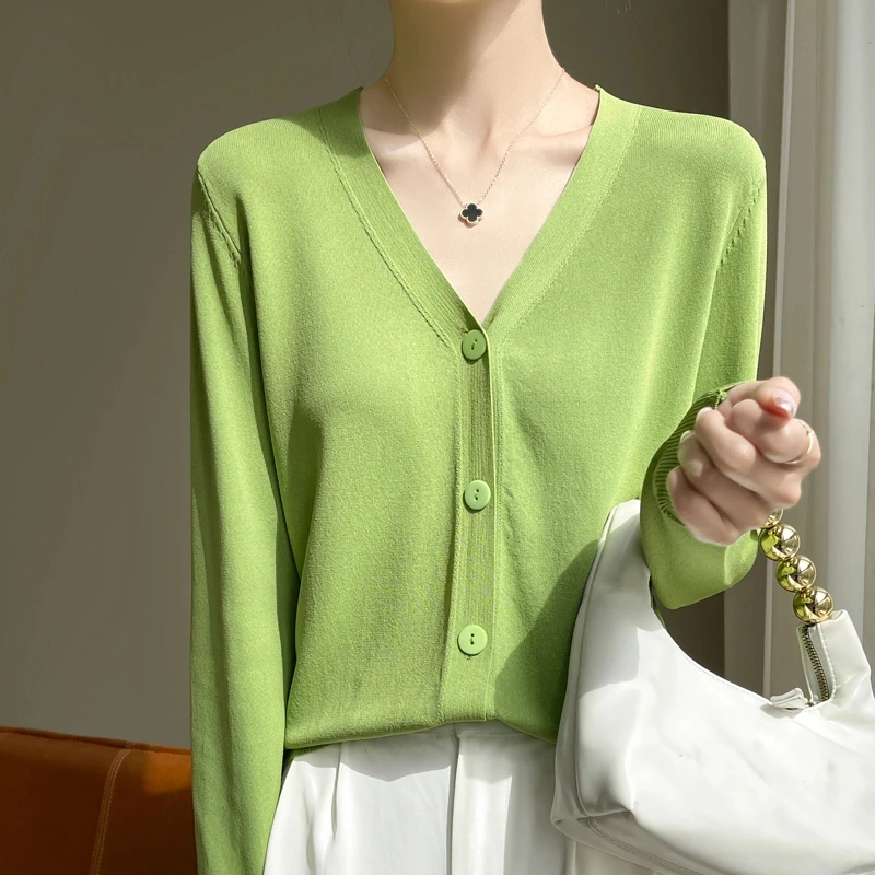 夏季新款曲珠冰丝开衫薄款V领百搭针织宽松显瘦纯色时尚针织衫