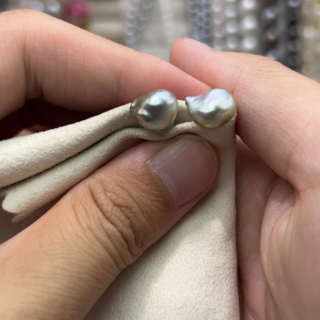 银S925镶嵌耳钉海水珍珠海水金珠keshi耳钉