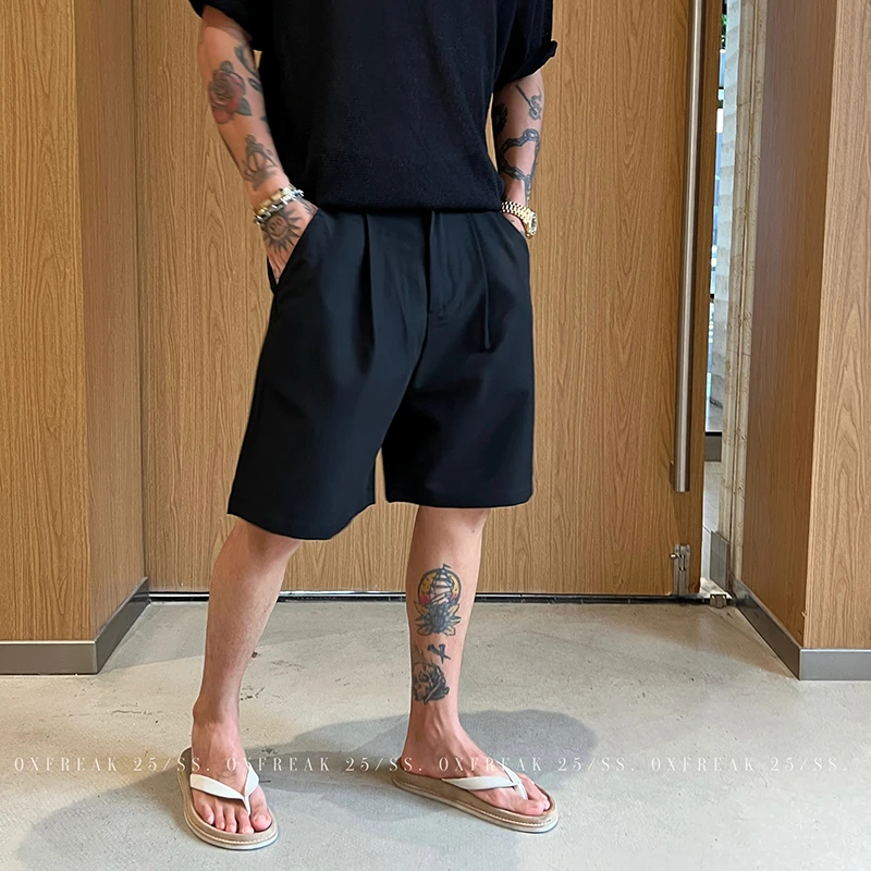 OXFREAK「双侧锁扣 收褶设计」基础通勤休闲短裤男宽松直筒五分裤