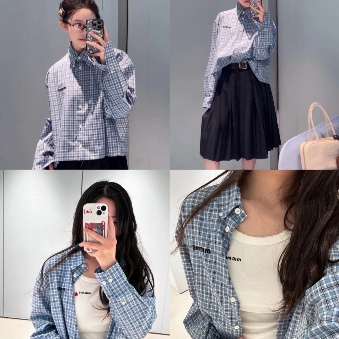 「1088」洋气出街 字母刺绣减龄叠穿蓝白格下摆毛须边短款长袖衬衫