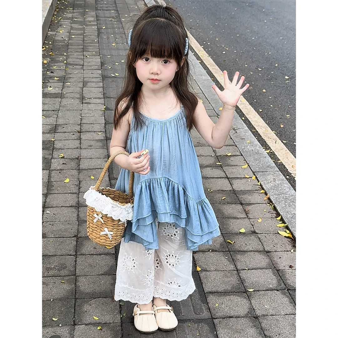 女童夏季套装2025新款中小童无袖娃娃衫上衣儿童提花阔腿裤两件套