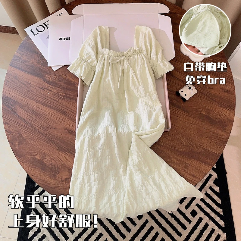绿色睡裙女款带胸垫甜美风蝴蝶结2025新款夏季天梭织棉家居服薄款