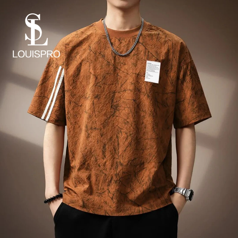 Louispro高端复古满印花泡泡纱T恤男夏潮牌宽松大码短袖