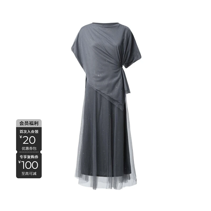 S·DEER圣迪奥休闲时尚优雅百搭气质圆领网纱女装连衣裙S223Z12B1