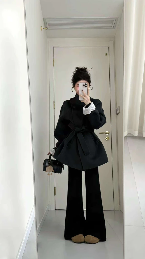 【千金晚宴】冬季高级感黑色短款毛呢外套灰色外套设计感黑长裤套装