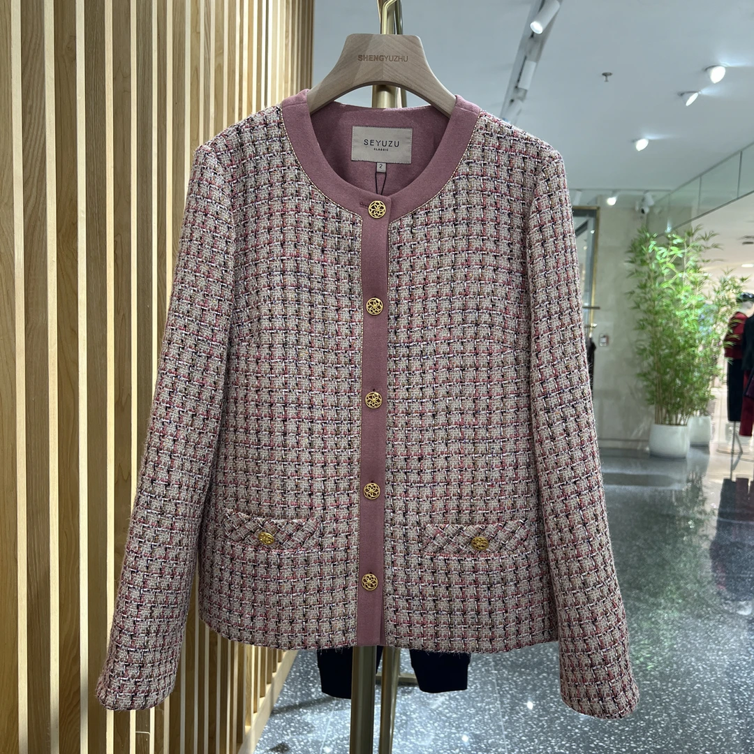 声雨竹1R610秋冬薄棉服圆领短款长袖女短外套时尚粗花呢上衣女士